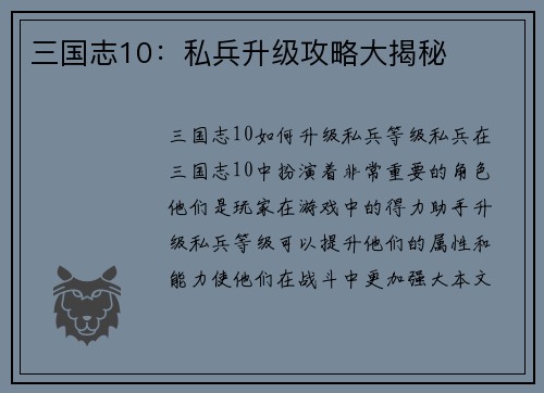 三国志10：私兵升级攻略大揭秘