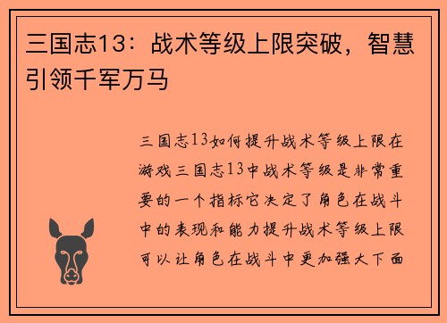 三国志13：战术等级上限突破，智慧引领千军万马