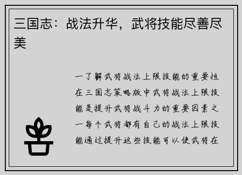 三国志：战法升华，武将技能尽善尽美