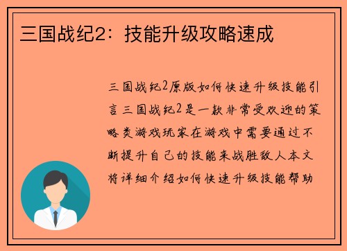 三国战纪2：技能升级攻略速成