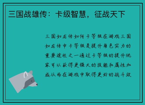 三国战雄传：卡级智慧，征战天下